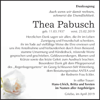 Traueranzeige von Thea Pabusch von Super Sonntag Wittenberg