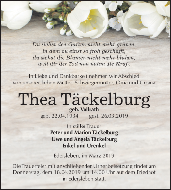 Traueranzeige von Thea Täckelburg von Mitteldeutsche Zeitung Sangerhausen