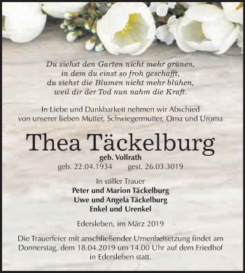 Traueranzeige von Thea Täckelburg von Super Sonntag SGH Mansf. Land