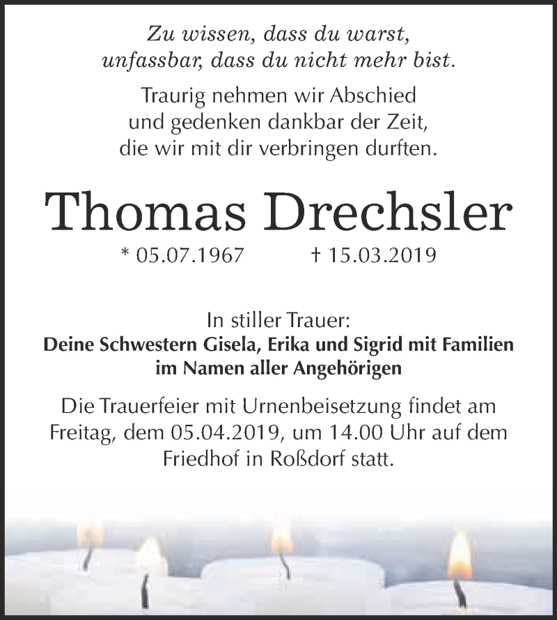  Traueranzeige für Thomas Drechsler vom 01.04.2019 aus WVG - Wochenspiegel Bitterfeld