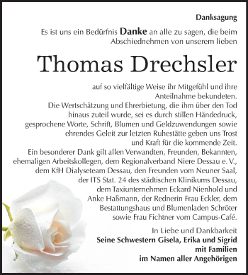 Traueranzeige von Thomas Drechsler von Mitteldeutsche Zeitung Bitterfeld