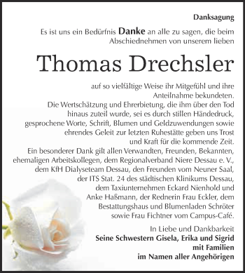 Traueranzeige von Thomas Drechsler von WVG - Wochenspiegel Bitterfeld
