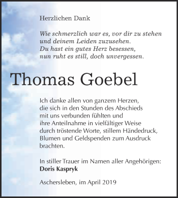 Traueranzeige von Thomas Goebel von Super Sonntag Aschersleben
