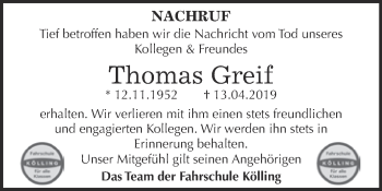 Traueranzeige von Thomas Greif von WVG - Wochenspiegel Wittenberg