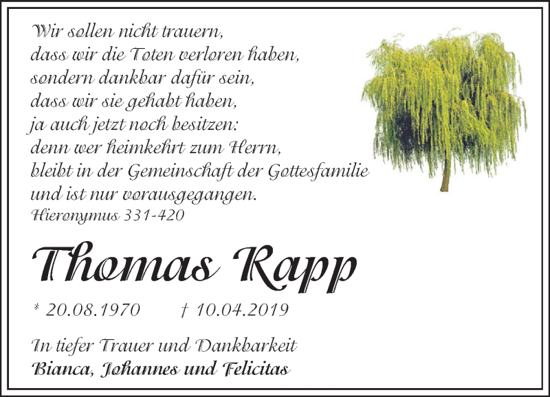  Traueranzeige für Thomas Rapp vom 20.04.2019 aus Mitteldeutsche Zeitung Halle/Saalkreis