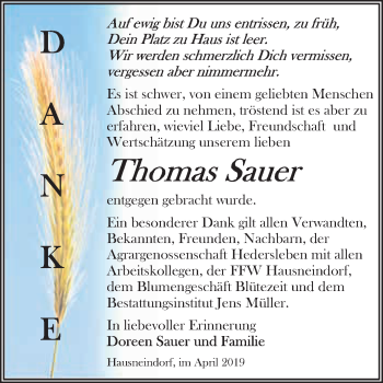 Traueranzeige von Thomas Sauer von Super Sonntag Aschersleben