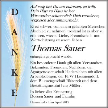 Traueranzeige von Thomas Sauer von Mitteldeutsche Zeitung Quedlinburg