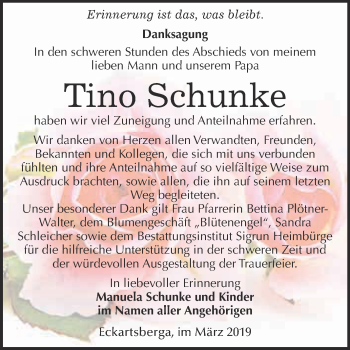 Traueranzeige von Tino Schunke von WVG - Wochenspiegel NMB / WSF / ZTZ
