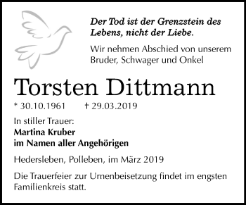 Traueranzeige von Torsten Dittmann von Mitteldeutsche Zeitung Aschersleben