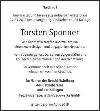 Traueranzeige von Torsten Sponner von WVG - Wochenspiegel Wittenberg