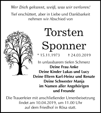 Traueranzeige von Torsten Sponner von Mitteldeutsche Zeitung Bitterfeld