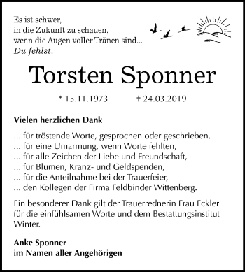 Traueranzeige von Torsten Sponner von Mitteldeutsche Zeitung Bitterfeld