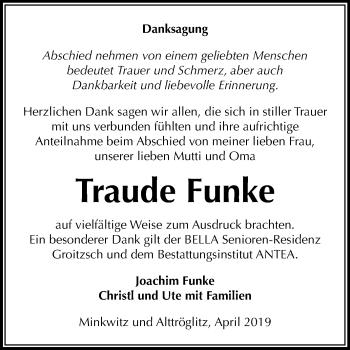 Traueranzeige von Traude Funke von WVG - Wochenspiegel NMB / WSF / ZTZ