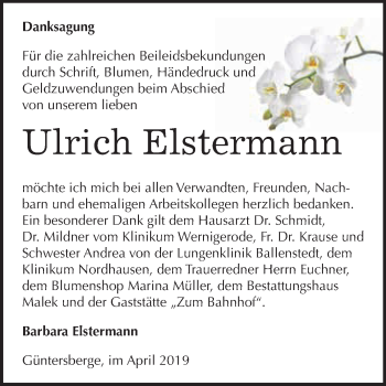 Traueranzeige von Ulrich Elstermann von WVG - Wochenspiegel Quedlinburg