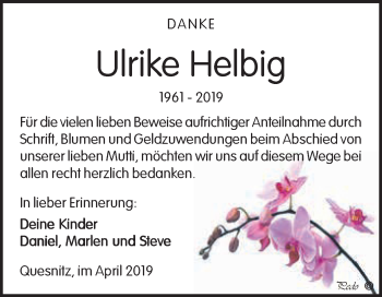 Traueranzeige von Ulrike Helbig von WVG - Wochenspiegel NMB / WSF / ZTZ