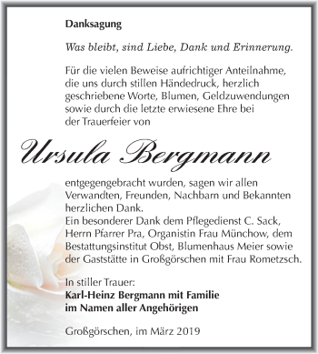 Traueranzeige von Ursula Bergmann von Mitteldeutsche Zeitung Weißenfels