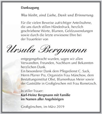 Traueranzeige von Ursula Bergmann von Super Sonntag Merseburg