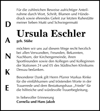 Traueranzeige von Ursula Eschler von WVG - Wochenspiegel Dessau / Köthen