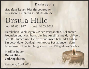 Traueranzeige von Ursula Hille von Super Sonntag Wittenberg