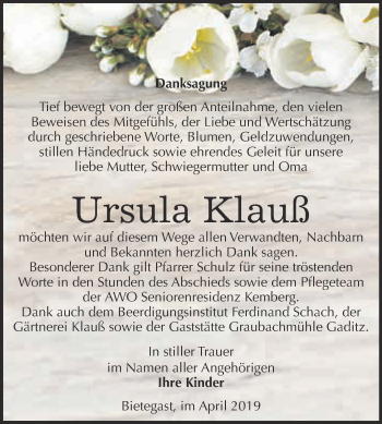 Traueranzeige von Ursula Klauß von WVG - Wochenspiegel Wittenberg