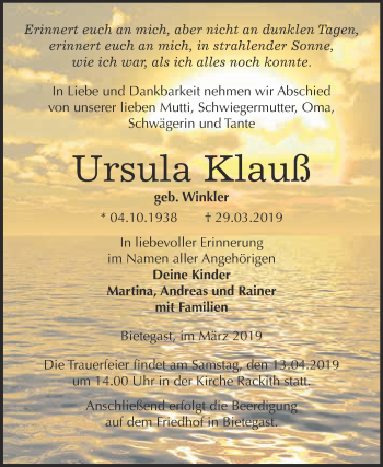 Traueranzeige von Ursula Klauß von WVG - Wochenspiegel Wittenberg