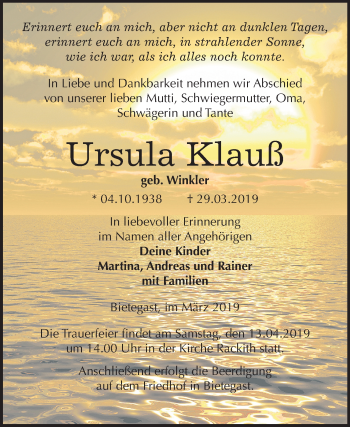 Traueranzeige von Ursula Klauß von Mitteldeutsche Zeitung Wittenberg