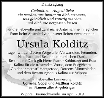 Traueranzeige von Ursula Kolditz von Mitteldeutsche Zeitung Aschersleben