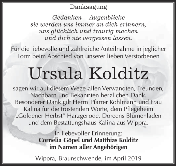 Traueranzeige von Ursula Kolditz von Super Sonntag SGH Mansf. Land