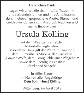 Traueranzeige von Ursula Kölling von WVG - Wochenspiegel Wittenberg