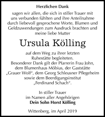 Traueranzeige von Ursula Kölling von Mitteldeutsche Zeitung Wittenberg