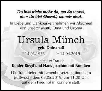 Traueranzeige von Ursula Münch von Mitteldeutsche Zeitung Bernburg