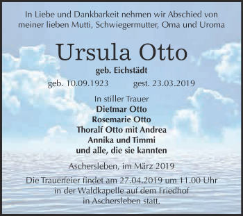 Traueranzeige von Ursula Otto von Super Sonntag Aschersleben
