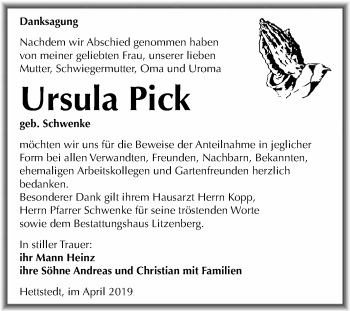 Traueranzeige von Ursula Pick von Wochenspiegel Mansfelder Land