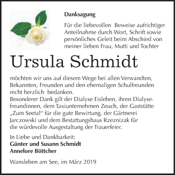 Traueranzeige von Ursula Schmidt von Wochenspiegel Mansfelder Land