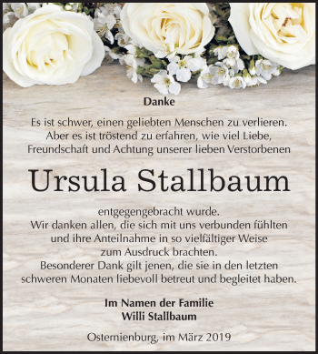 Traueranzeige von Ursula Stallbaum von Mitteldeutsche Zeitung Köthen