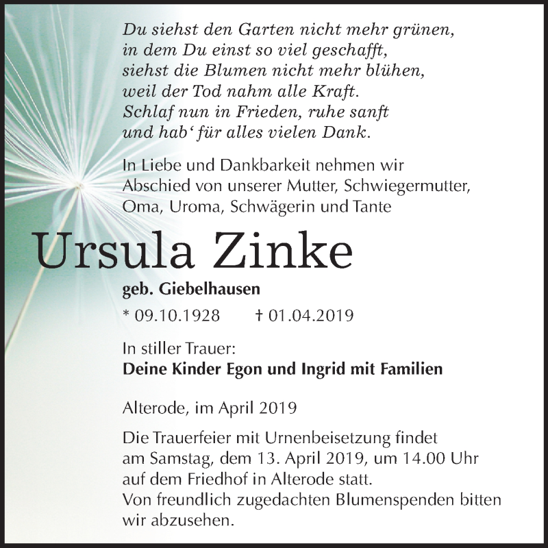  Traueranzeige für Ursula Zinke vom 06.04.2019 aus Mitteldeutsche Zeitung Aschersleben