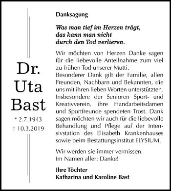 Traueranzeige von Uta Bast von Mitteldeutsche Zeitung Halle/Saalkreis