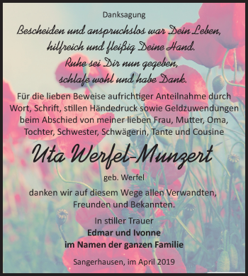 Traueranzeige von Uta Werfel-Munzert von Mitteldeutsche Zeitung Sangerhausen
