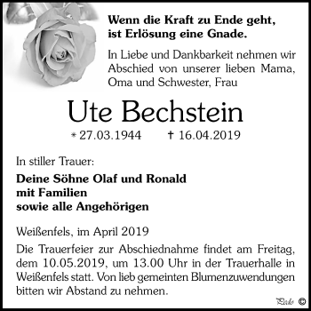 Traueranzeige von Ute Bechstein von Mitteldeutsche Zeitung