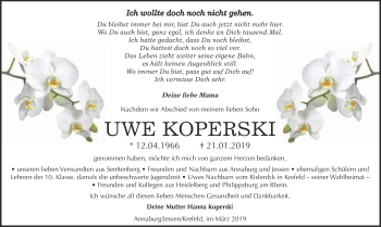 Traueranzeige von Uwe Koperski von Super Sonntag Wittenberg