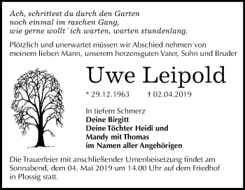 Traueranzeige von Uwe Leipold von WVG - Wochenspiegel Wittenberg
