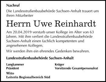 Traueranzeige von Uwe Reinhardt von Mitteldeutsche Zeitung