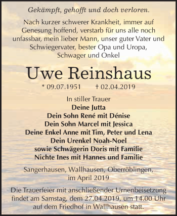 Traueranzeige von Uwe Reinshaus von Super Sonntag SGH Mansf. Land