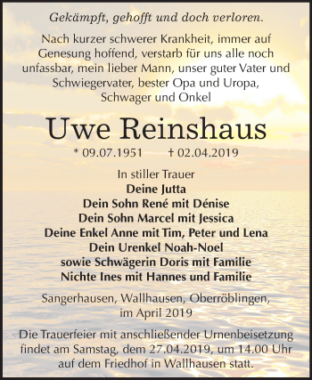 Traueranzeige von Uwe Reinshaus von Mitteldeutsche Zeitung Sangerhausen