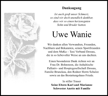 Traueranzeige von Uwe Wanie von Mitteldeutsche Zeitung Dessau-Roßlau