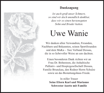 Traueranzeige von Uwe Wanie von WVG - Wochenspiegel Dessau / Köthen