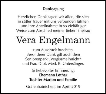 Traueranzeige von Vera Engelmann von WVG - Wochenspiegel Wittenberg