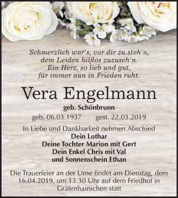 Traueranzeige von Vera Engelmann von WVG - Wochenspiegel Wittenberg