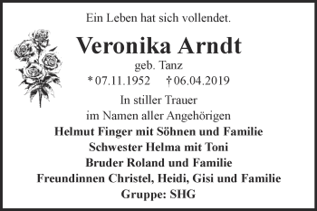 Traueranzeige von Veronika Arndt von WVG - Wochenspiegel Dessau / Köthen