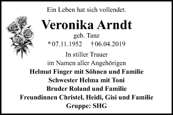 Traueranzeige von Veronika Arndt von Mitteldeutsche Zeitung Dessau-Roßlau